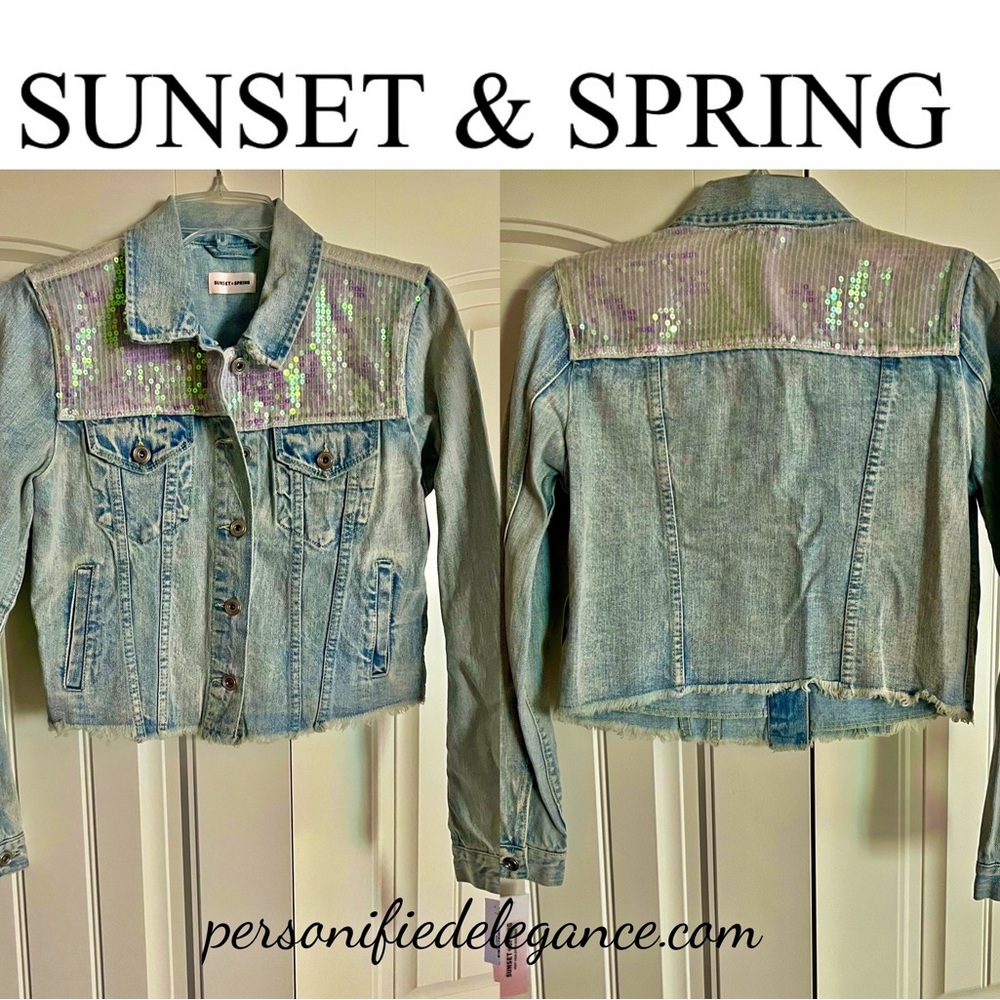 NEW Sunset & Spring Light Denim Wash Sequin Denim Jacket Size Small - Picture 15 of 15
